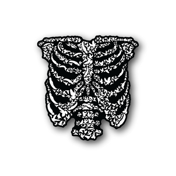 Vinyl sticker of white skeleton ribcage with bird collage pattern