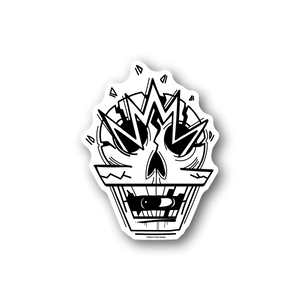Skeleton hands vinyl sticker with white graphic skull and pill shapes on dark outline