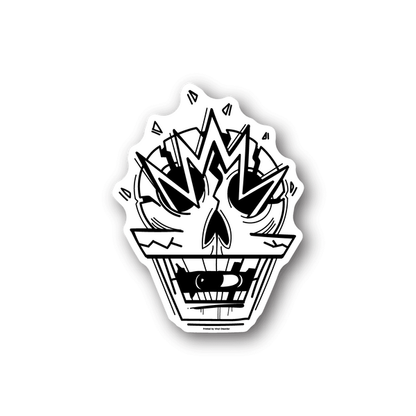 Skeleton hands vinyl sticker with white graphic skull and pill shapes on dark outline