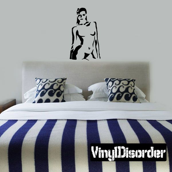 Black and white topless woman skeptical vinyl wall decal with bold lettering