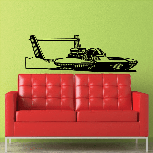 Black sketched hydroplane decal with front view and winged hull outline