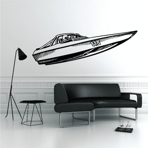 Sketched jumping speedboat decal in black and white outline