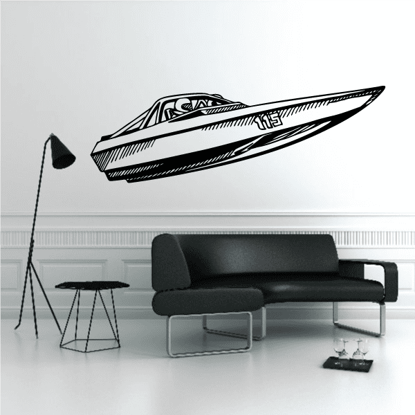 Sketched jumping speedboat decal in black and white outline