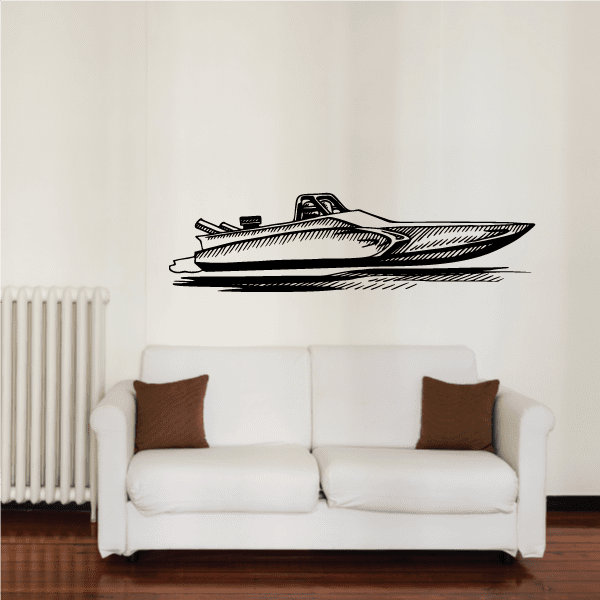 Speedboat sketch decal with simple line art, black on light background