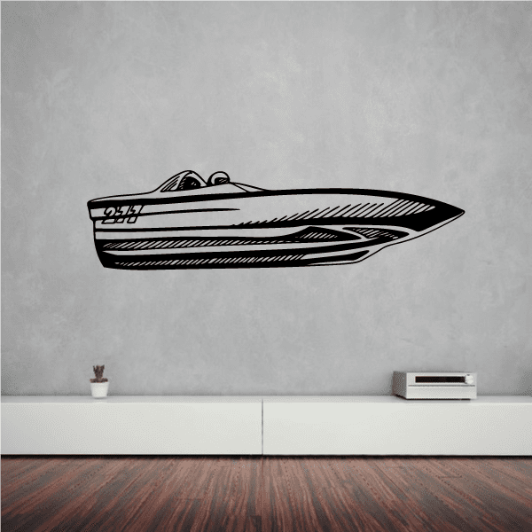 Speedboat hull decal, black sketched side view with stripes and prop outline