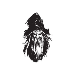 Black sketched wizard head decal with pointed hat and long beard