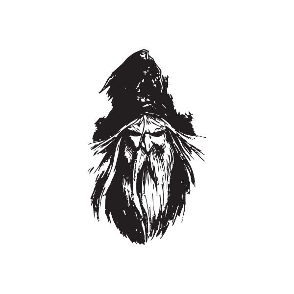 Black sketched wizard head decal with pointed hat and long beard