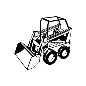 Skid steer front loader decal, black and white line art with front bucket