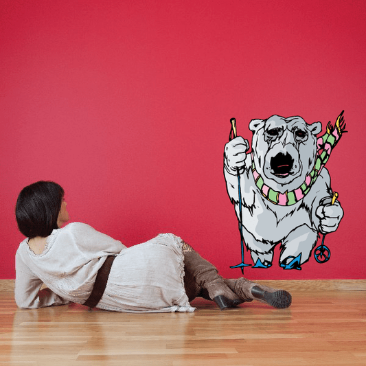 Skiing wall decal sticker of a colorful bulldog holding ski poles