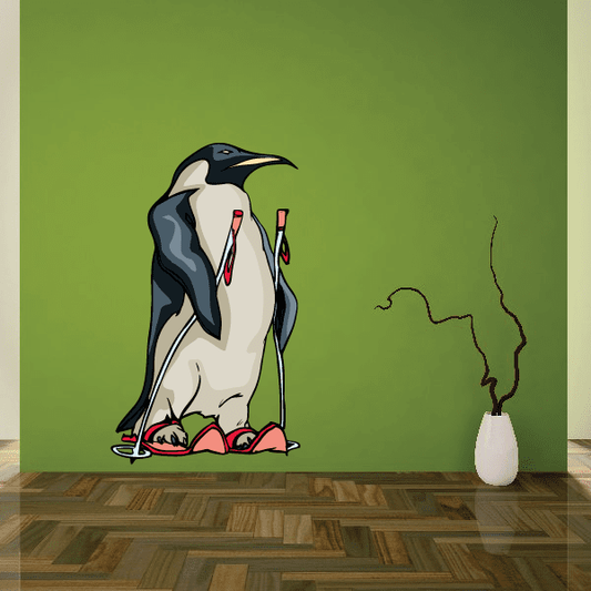 Skiing wall decal vinyl sticker of a penguin with skis and red boots