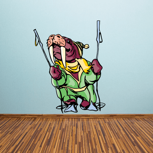 Skiing cartoon dog vinyl decal sticker with poles, multicolor