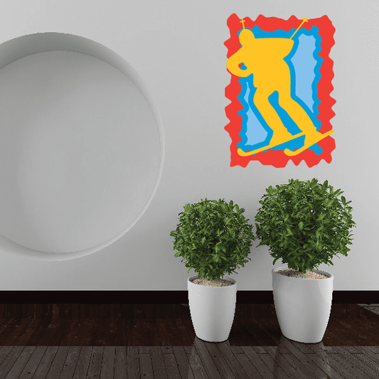 Skiing wall decal sticker, die-cut colorful blue and yellow figure with red outline