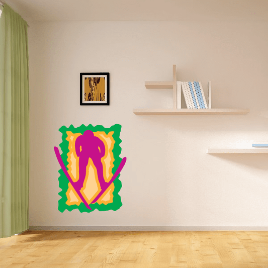 Skiing wall decal sticker, colorful cartoon skier with green border, die-cut shape