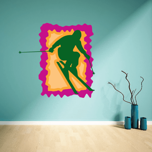 Skiing wall decal vinyl sticker, colorful skier silhouette in wavy border