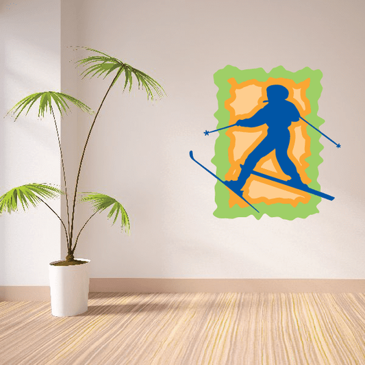 Skiing wall decal sticker, green die-cut with blue and orange skier graphic
