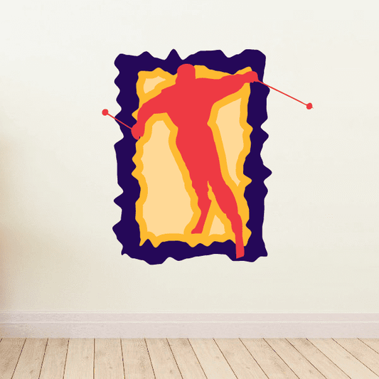 Skiing vinyl wall decal with red and yellow skier silhouette on dark blue outline