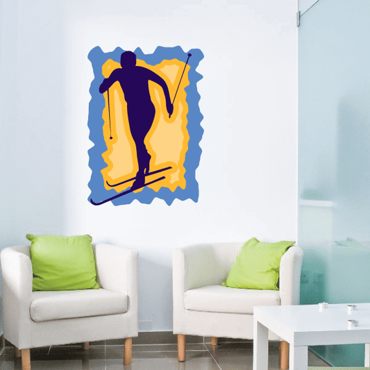 Skiing wall decal vinyl sticker, yellow and purple ski icon with blue outline