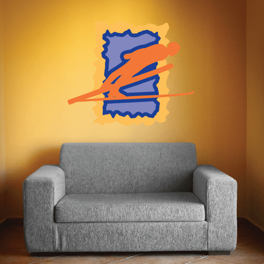 Skiing wall decal sticker with blue outline and orange swoosh skis graphic