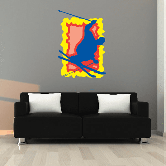 Skiing wall decal vinyl sticker with colorful ski action design, die-cut shape