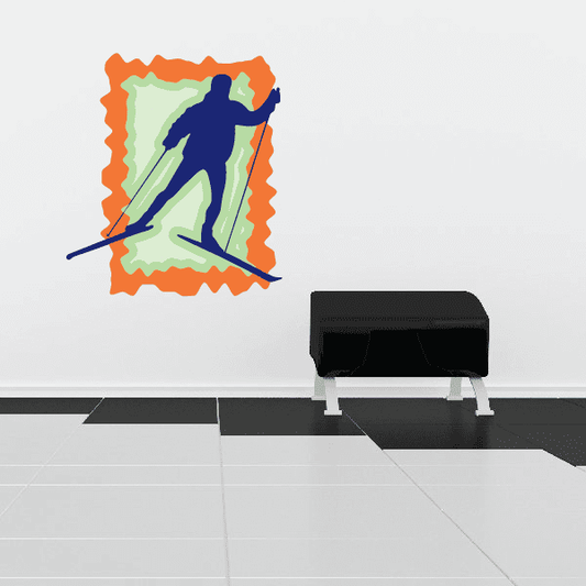 Skiing wall decal sticker with colorful blue skier and green background, orange outline