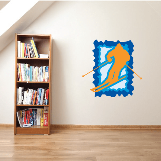 Skiing wall decal: orange skier on blue jagged oval, vinyl die-cut sticker