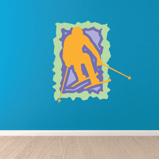 Skiing wall decal sticker with orange skier holding poles inside purple border