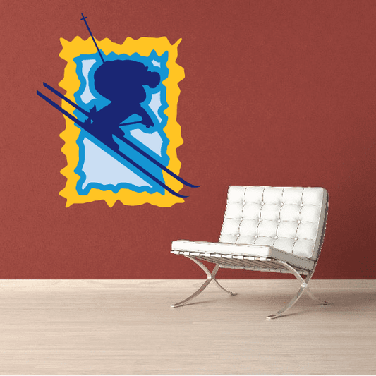 Skiing wall decal vinyl sticker: blue and yellow skier jumping