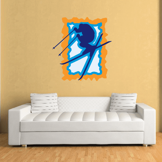 Skiing vinyl wall decal sticker with blue skier graphic and orange jagged border