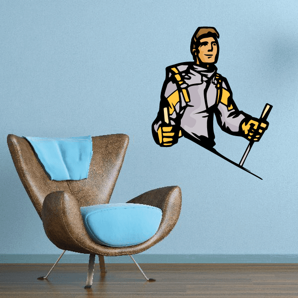 Skiing wall decal sticker with cartoon skier holding ski poles
