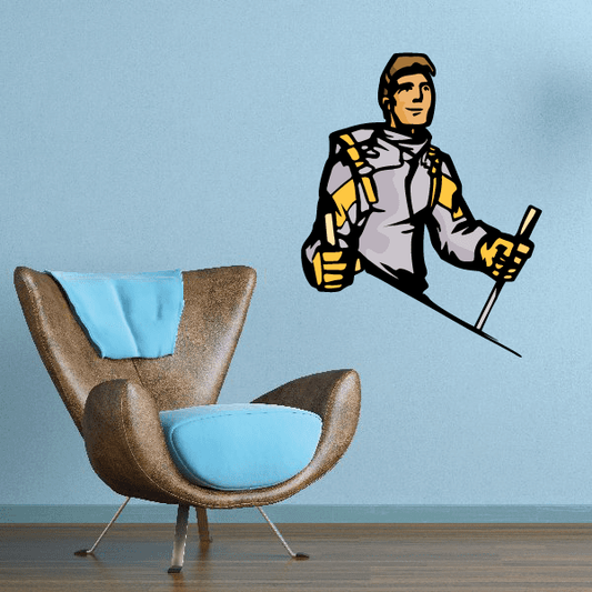 Skiing wall decal sticker with cartoon skier holding ski poles