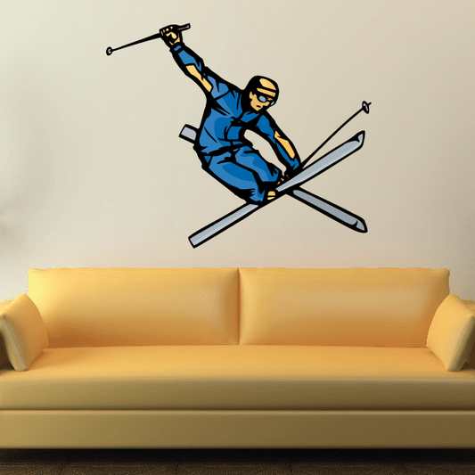 Skiing vinyl wall decal sticker of blue skier mid-ski with crossed skis