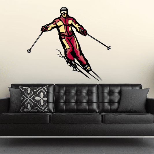 Skiing wall decal sticker of a multicolor skier with skis, die-cut vinyl