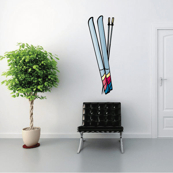 Skiing wall decal vinyl sticker with tall blue skis and red patterned bases