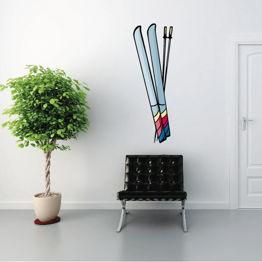 Skiing wall decal vinyl sticker with tall blue skis and red patterned bases