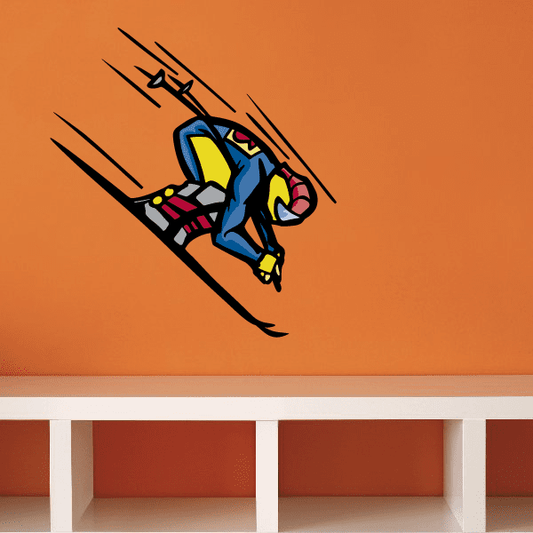 Skiing wall decal sticker: colorful cartoon skier with skis and motion lines