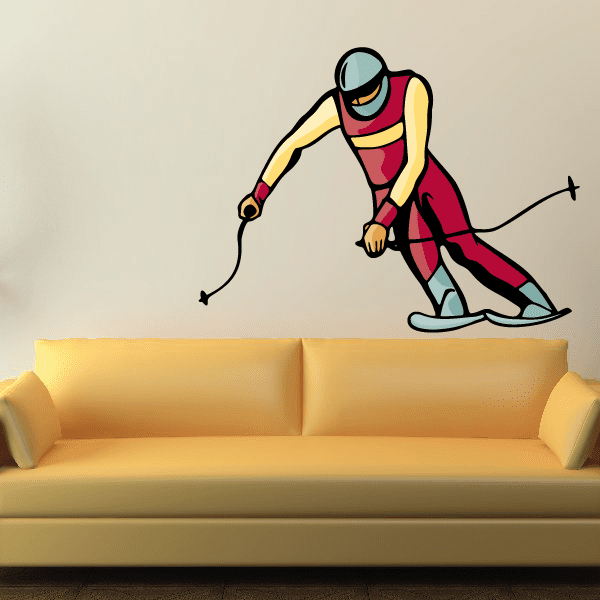 Skiing wall decal sticker of a cartoon skier with skis and poles