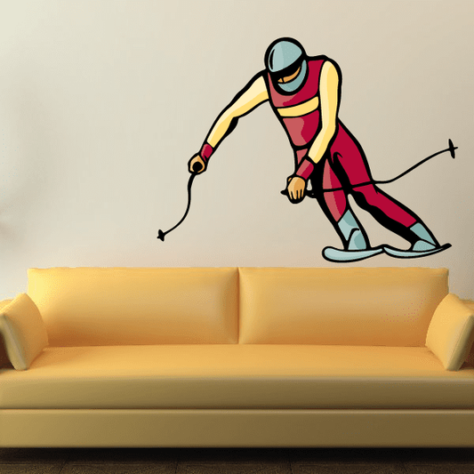 Skiing wall decal sticker of a cartoon skier with skis and poles