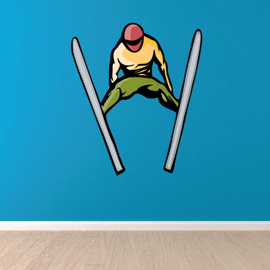 Skiing wall decal vinyl sticker with skier in yellow jacket and crossed gray skis