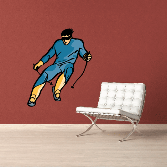 Skiing wall decal sticker with cartoon skier in blue and yellow