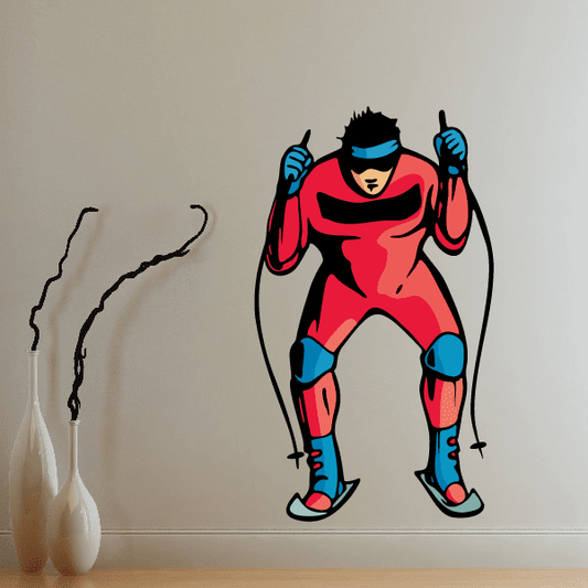 Skiing wall decal of red-and-blue cartoon skier