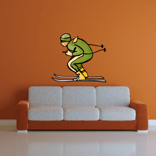 Skiing wall decal sticker of a green-clad skier on skis