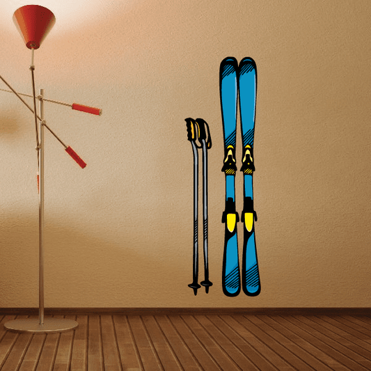 Skiing wall decal sticker with blue skis and black ski poles.
