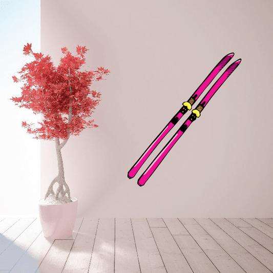 Skiing wall decal sticker of a pink ski pole with yellow grip and black tips