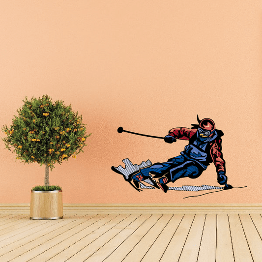 Skiing wall decal sticker featuring a blue and red skier with skis and pole
