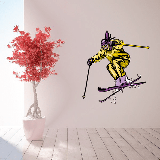 Skiing wall decal sticker with yellow cartoon skier holding poles