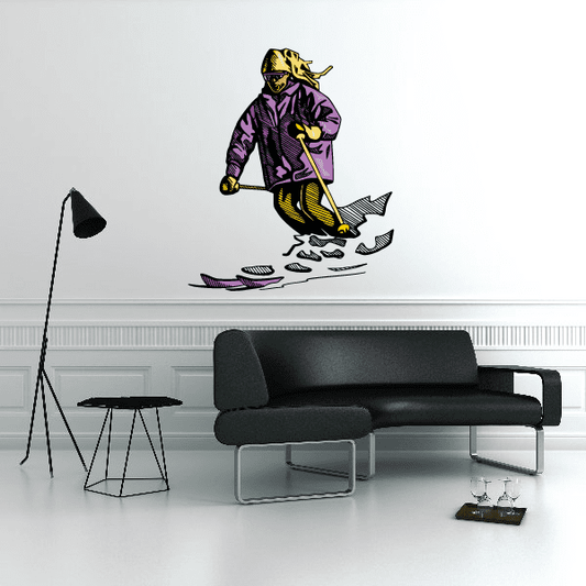 Skiing wall decal vinyl sticker of purple skier with yellow helmet and skis