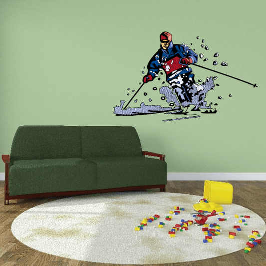 Colorful skiing wall decal sticker with skier in blue and red action splash