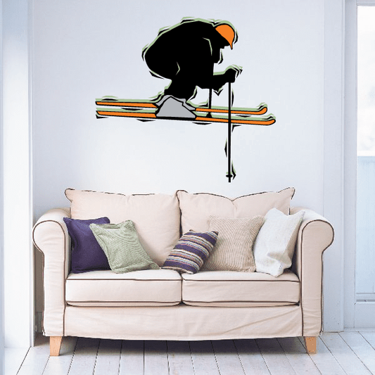 Skier vinyl wall decal sticker with skis and poles, die-cut silhouette