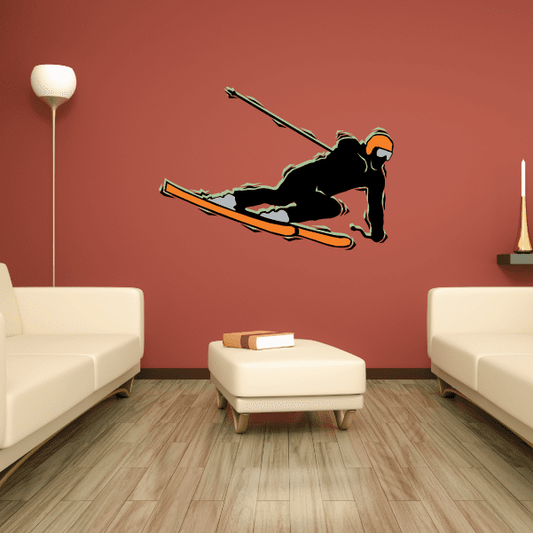 Skiing wall decal sticker, die-cut vinyl of a black skier with orange helmet