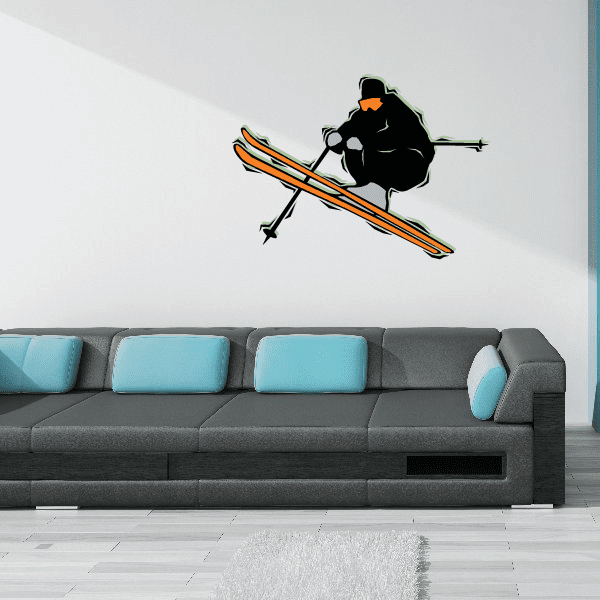Skiing wall decal vinyl sticker, black skier figure with orange skis